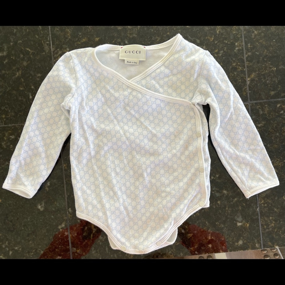 Gucci, baby blue & white onesie
